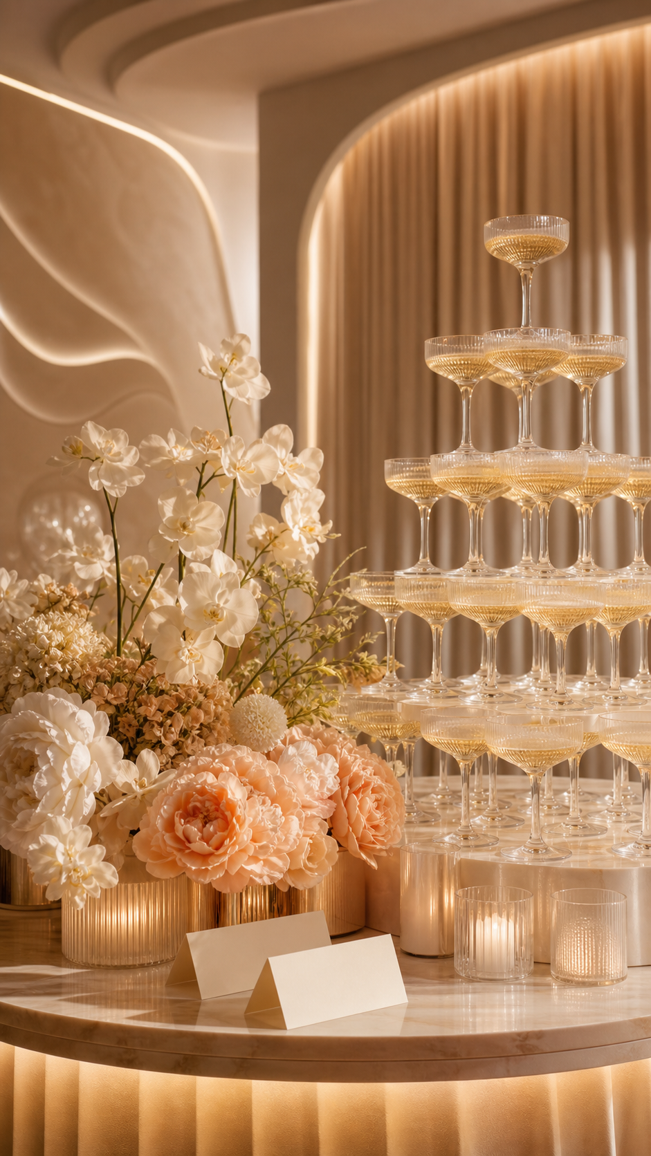 Champagne tower and floral event styling
